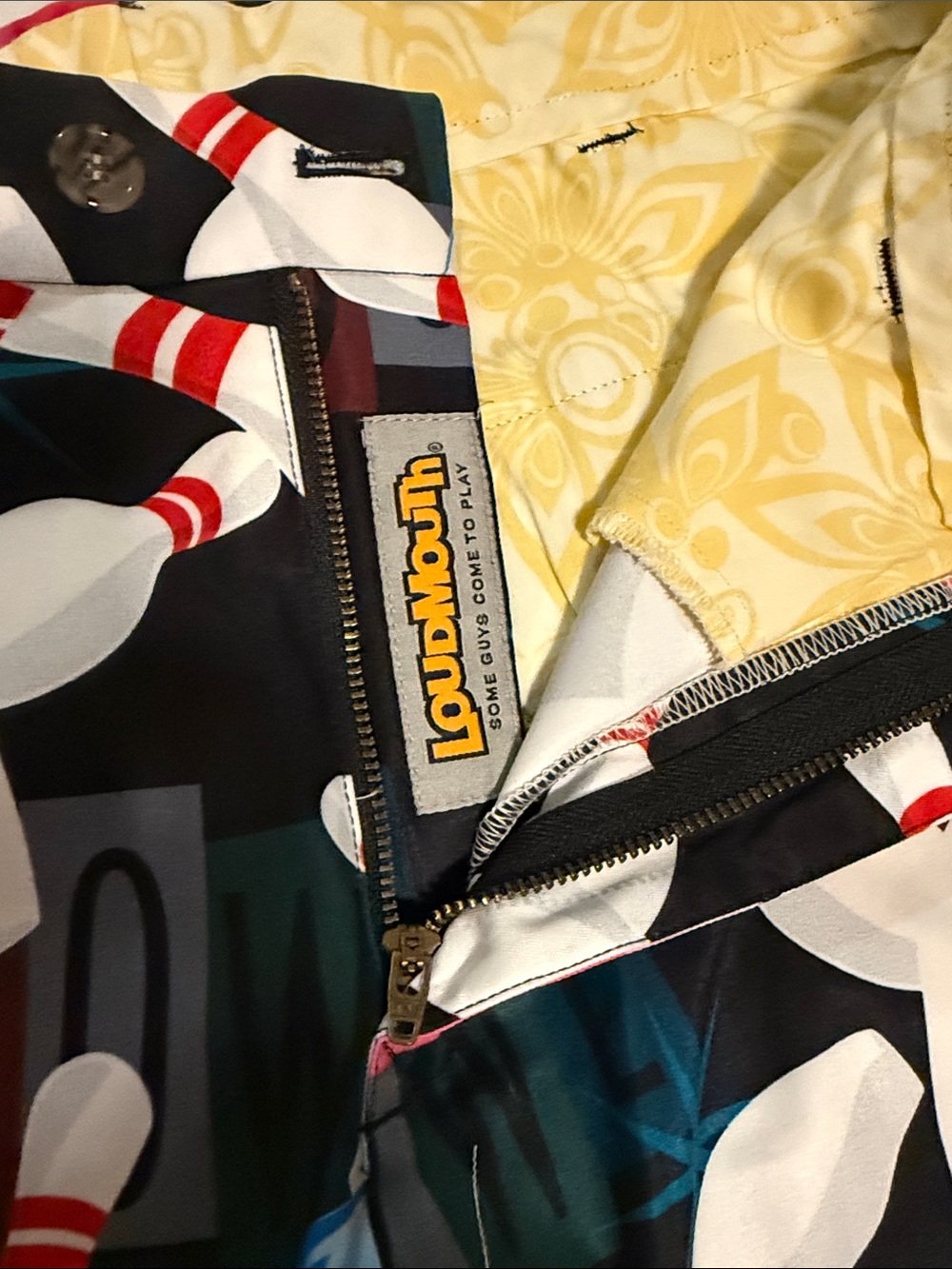 Loudmouth Black Bowling Pins Print Shorts with Pink, Blue, Green, Yellow Balls - Picture 2 of 4